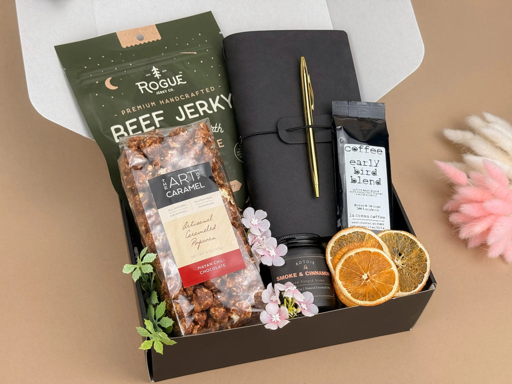 Gift Baskets for Men – Leather Journal, Coffee & Snacks