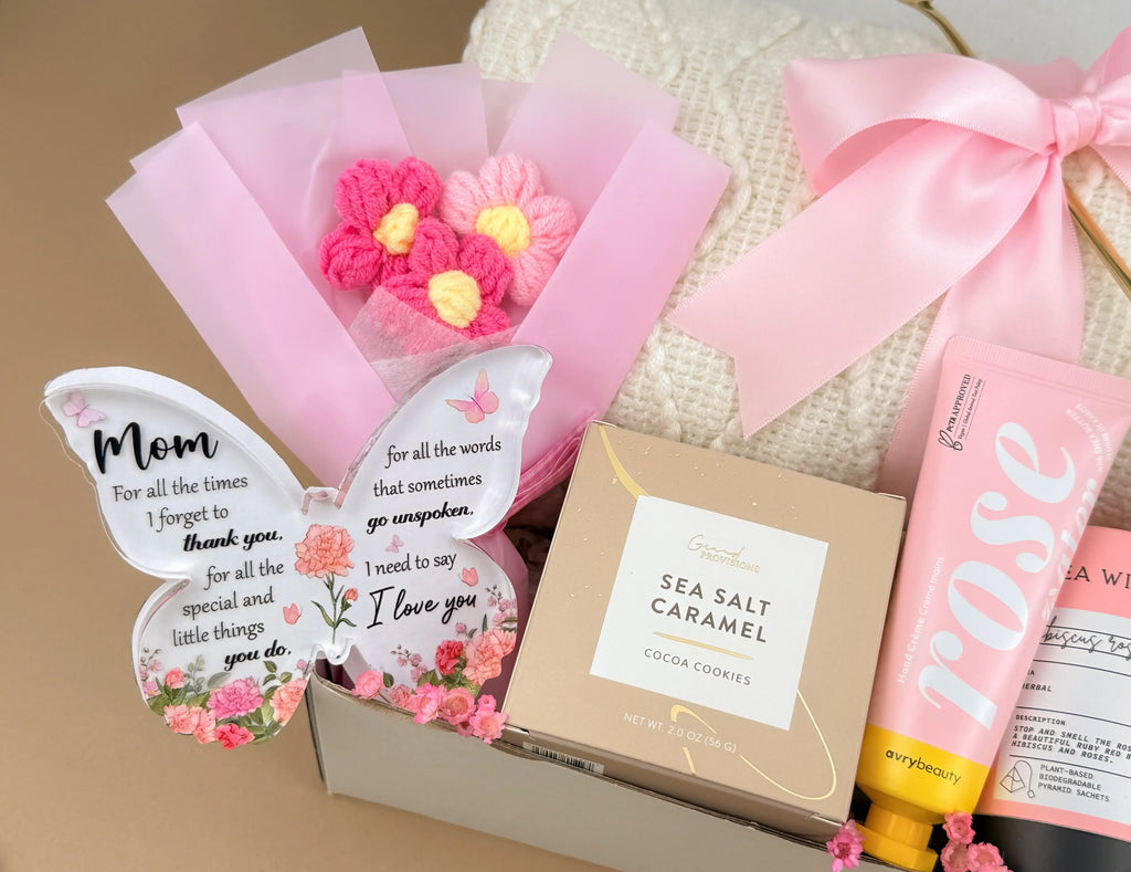 Mom's Birthday Gift Basket with Crochet Flowers & Cozy Blanket Set