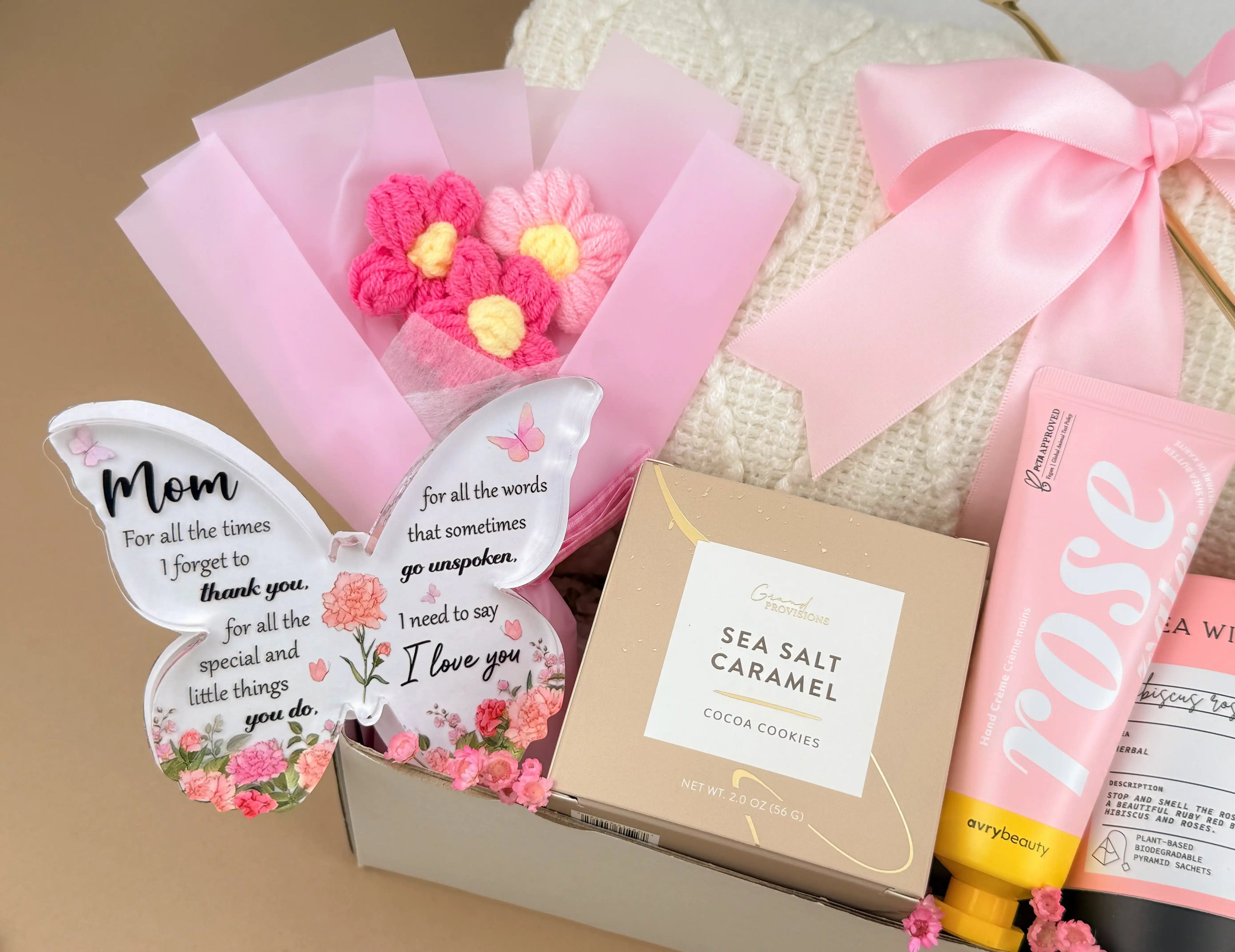 Mom's Birthday Gift Basket with Crochet Flowers & Cozy Blanket Set