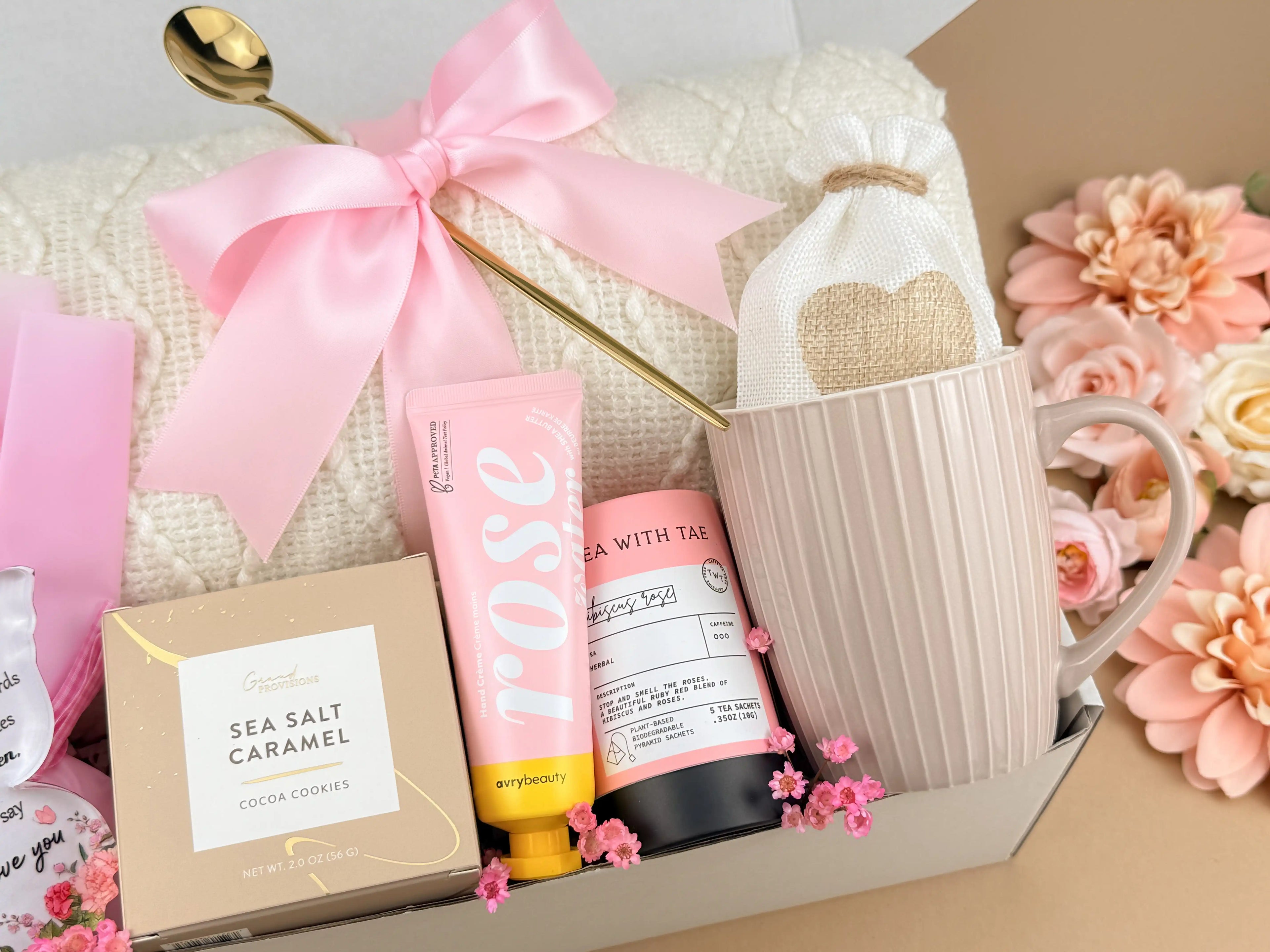 Mom's Birthday Gift Basket with Crochet Flowers & Cozy Blanket Set