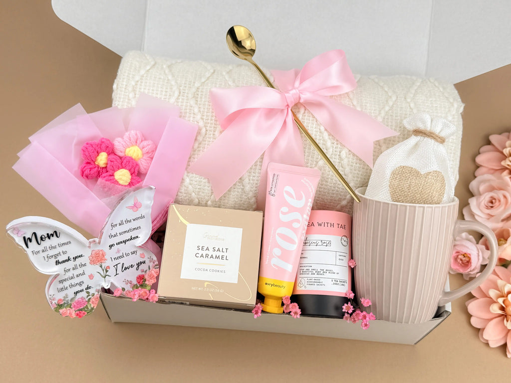 Mom's Birthday Gift Basket with Crochet Flowers & Cozy Blanket Set