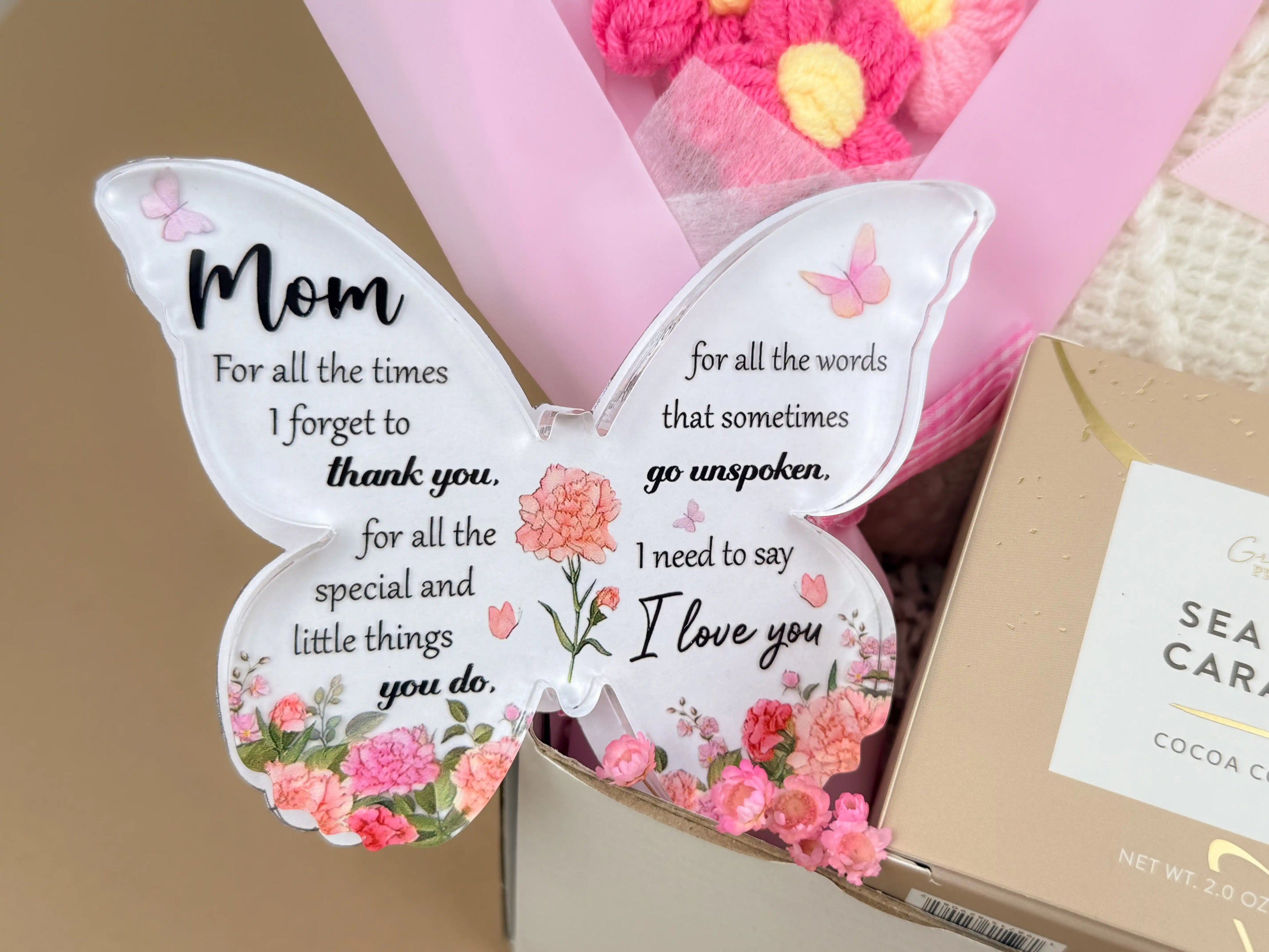 Mom's Birthday Gift Basket with Crochet Flowers & Cozy Blanket Set